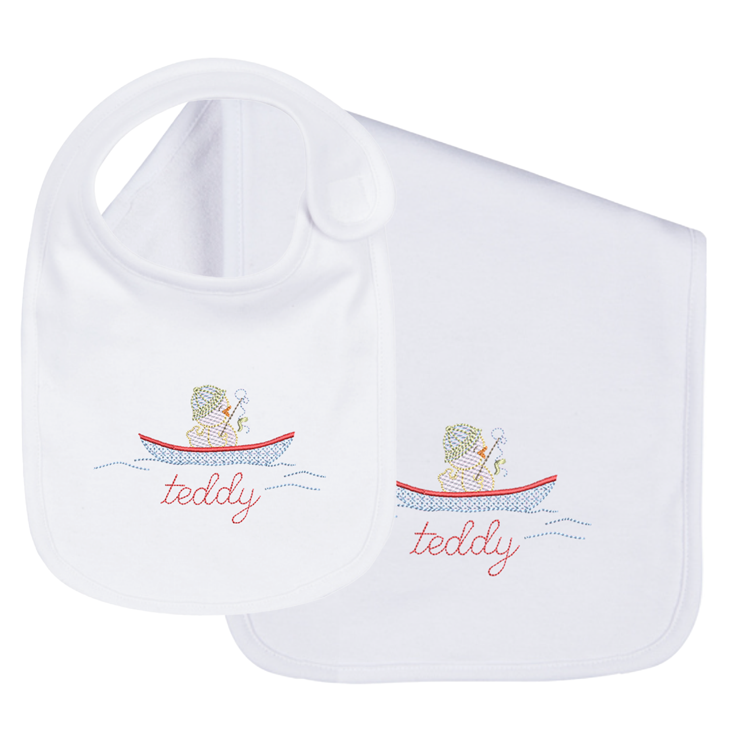 Duck in Boat baby bib, burpcloth and blanket set - personalized - Vintage style embroidery