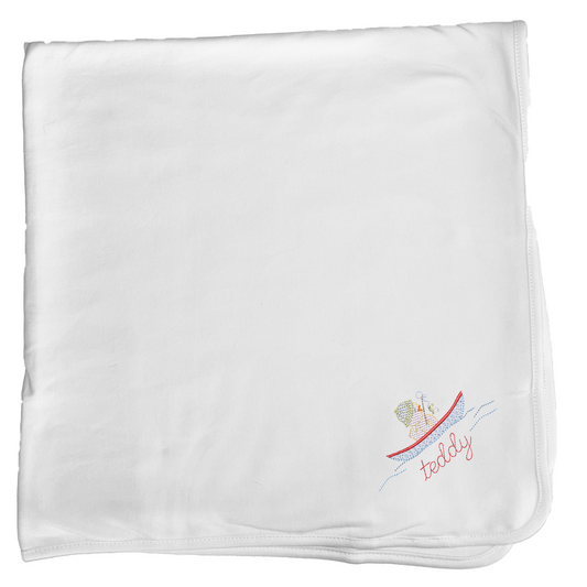 Duck in Boat baby bib, burpcloth and blanket set - personalized - Vintage style embroidery