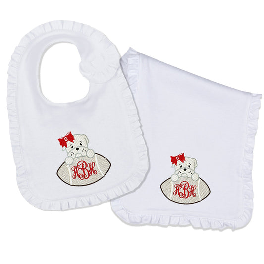 Bulldog baby girl embroidered bib, burpcloth and blanket set - personalized
