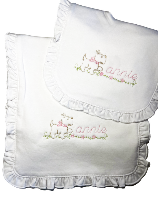 Proud Puppy bib, burpcloth and blanket set - personalized - Vintage style embroidery