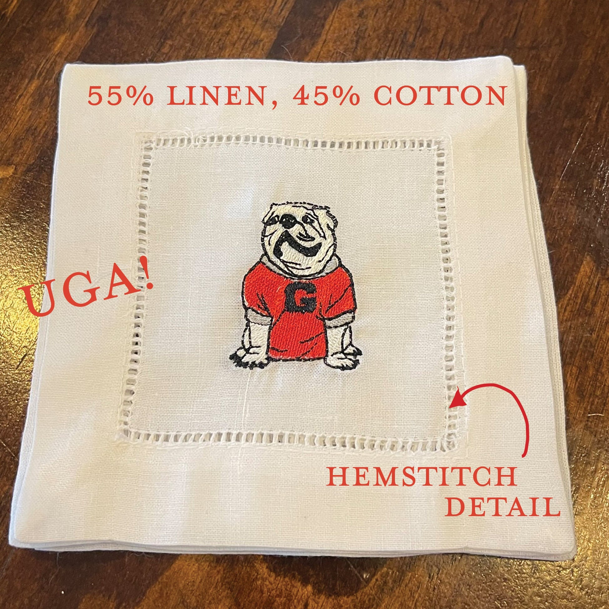 UGA cocktail napkins set of 4 - all Dawgs need these! Natural linen.