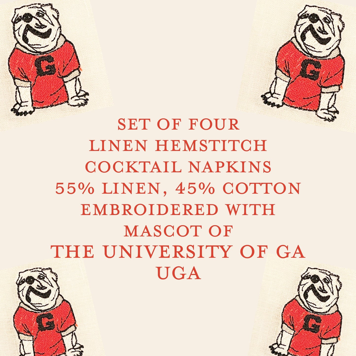 UGA cocktail napkins set of 4 - all Dawgs need these! Natural linen.