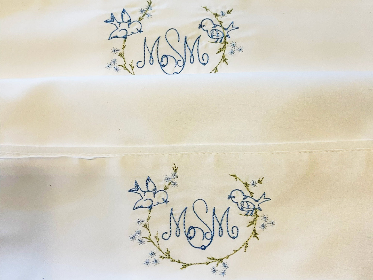 Vintage style embroidered pillowcase pair with monogram
