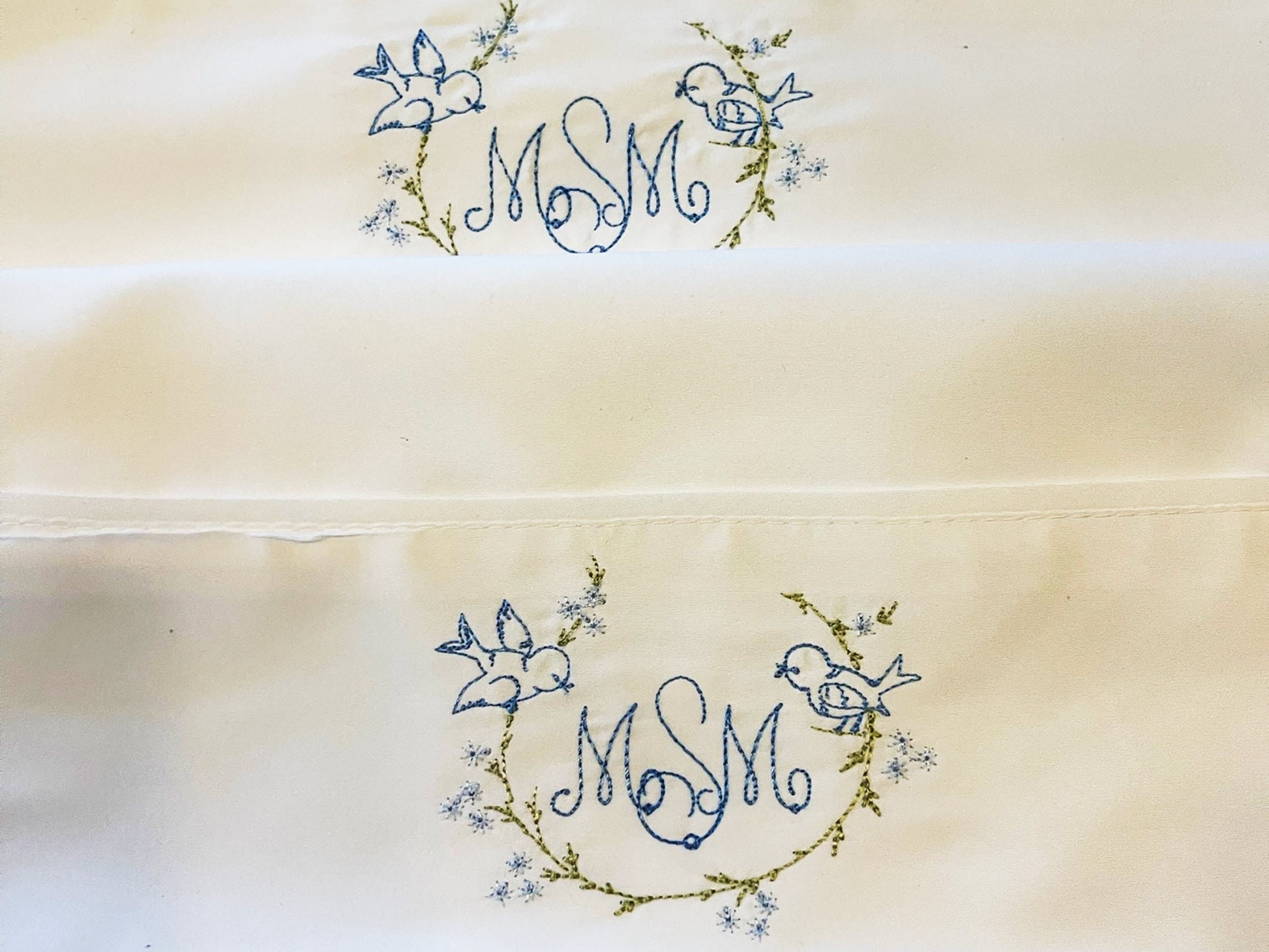 Vintage style embroidered pillowcase pair with monogram