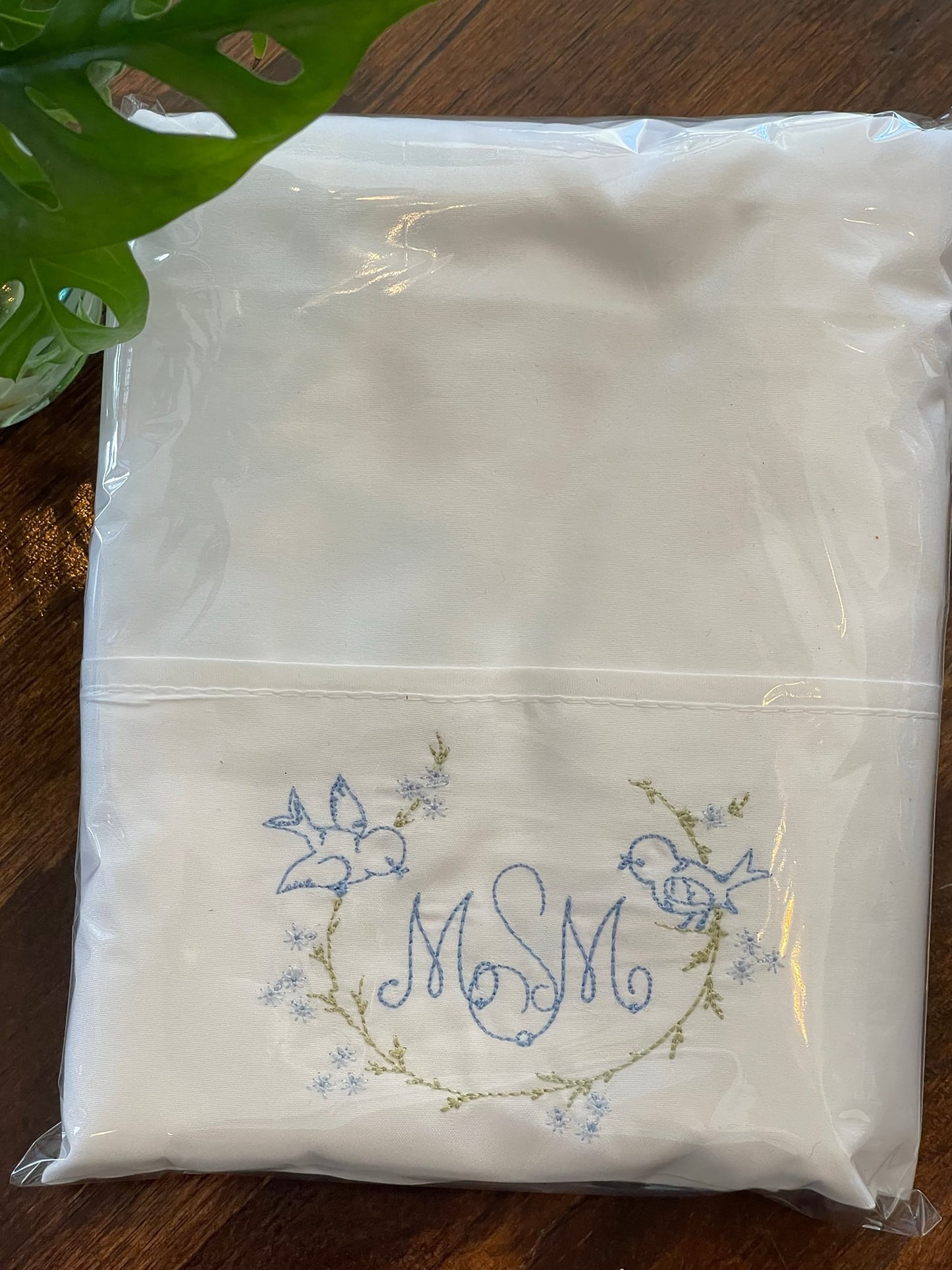 Vintage style embroidered pillowcase pair with monogram