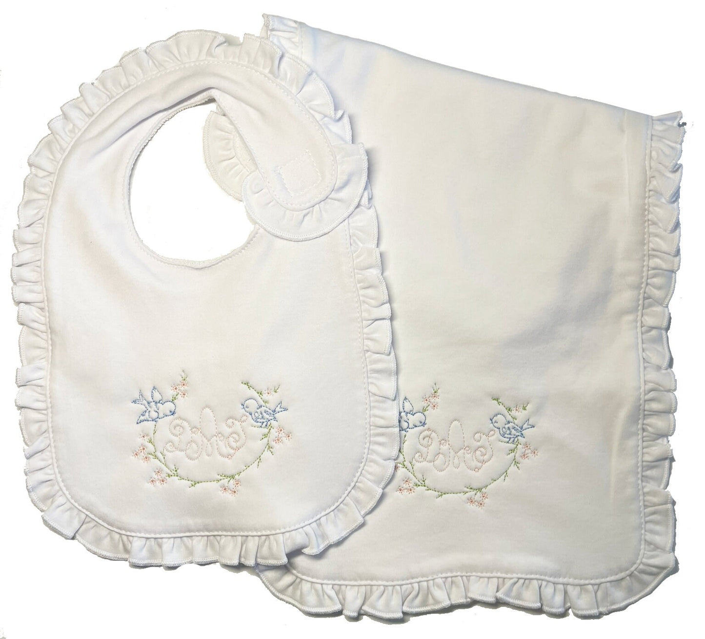 Vintage Birds embroidered bib, burpcloth and blanket set - personalized