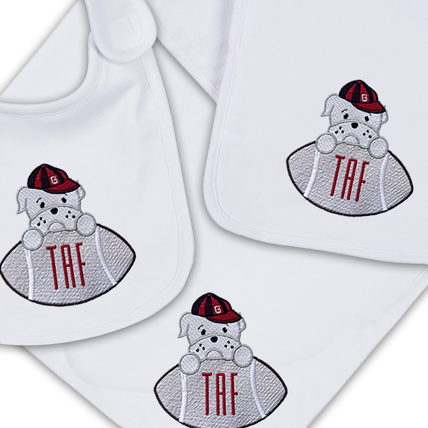 Bulldog embroidered bib, burpcloth and blanket set - personalized