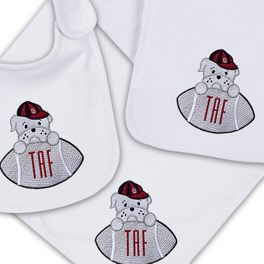 Bulldog embroidered bib, burpcloth and blanket set - personalized