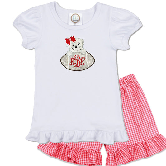 Bulldog Baby Football embroidered girls' outfit red gingham shorts