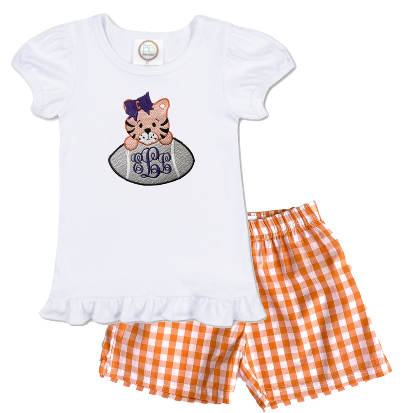 SEC Babies - Clemson University embroidered girls' outfit black gingham shorts