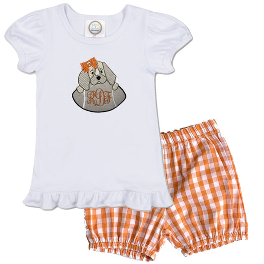 Baby Bluetick Hound embroidered girls' short sleeve orange gingham shorts