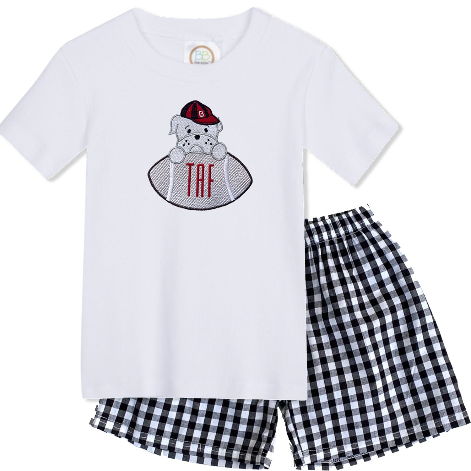 Bulldog embroidered boys' outfit black gingham shorts