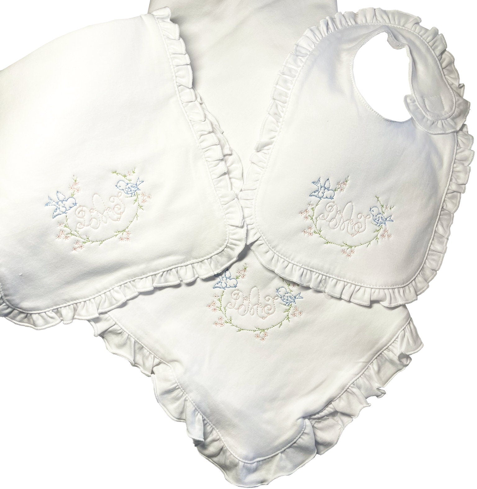 Vintage Birds embroidered bib, burpcloth and blanket set - personalized