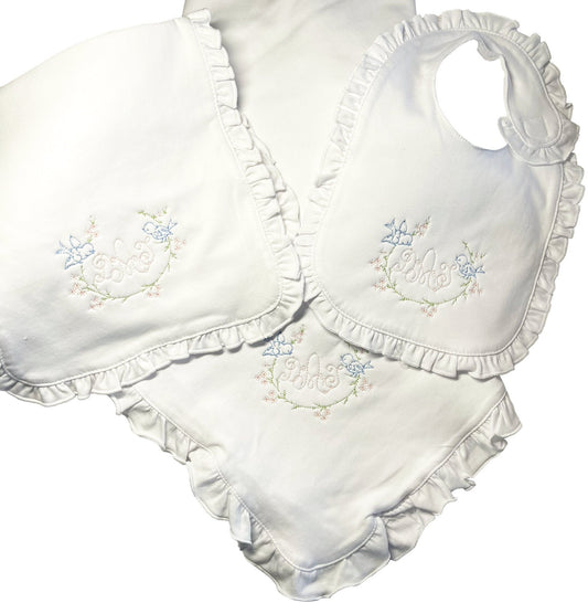 Vintage Birds embroidered bib, burpcloth and blanket set - personalized