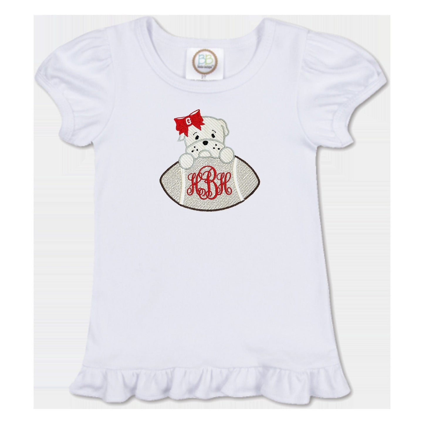 Bulldog Baby Football embroidered girls' outfit red gingham shorts