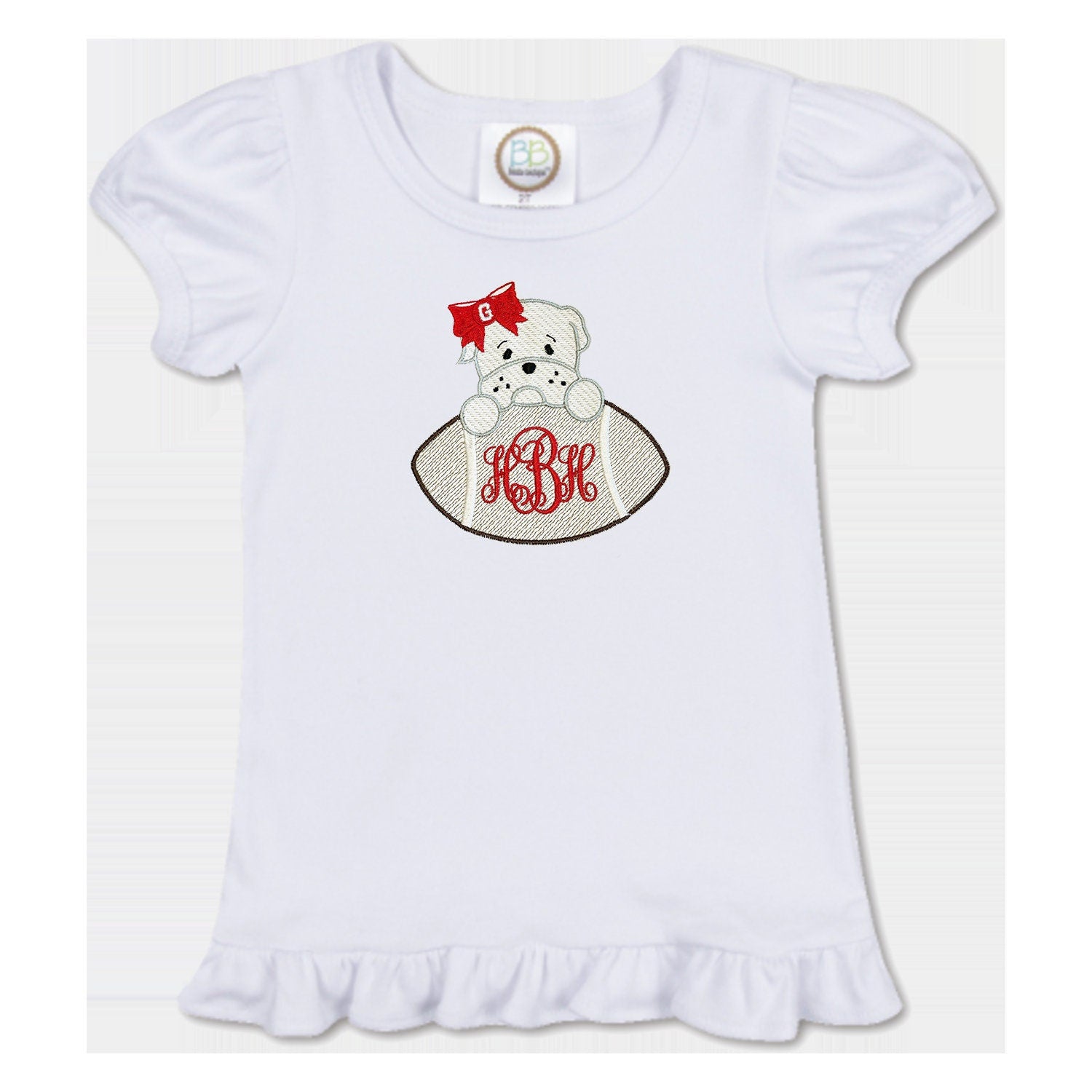 Bulldog Baby Football embroidered girls' outfit red gingham shorts