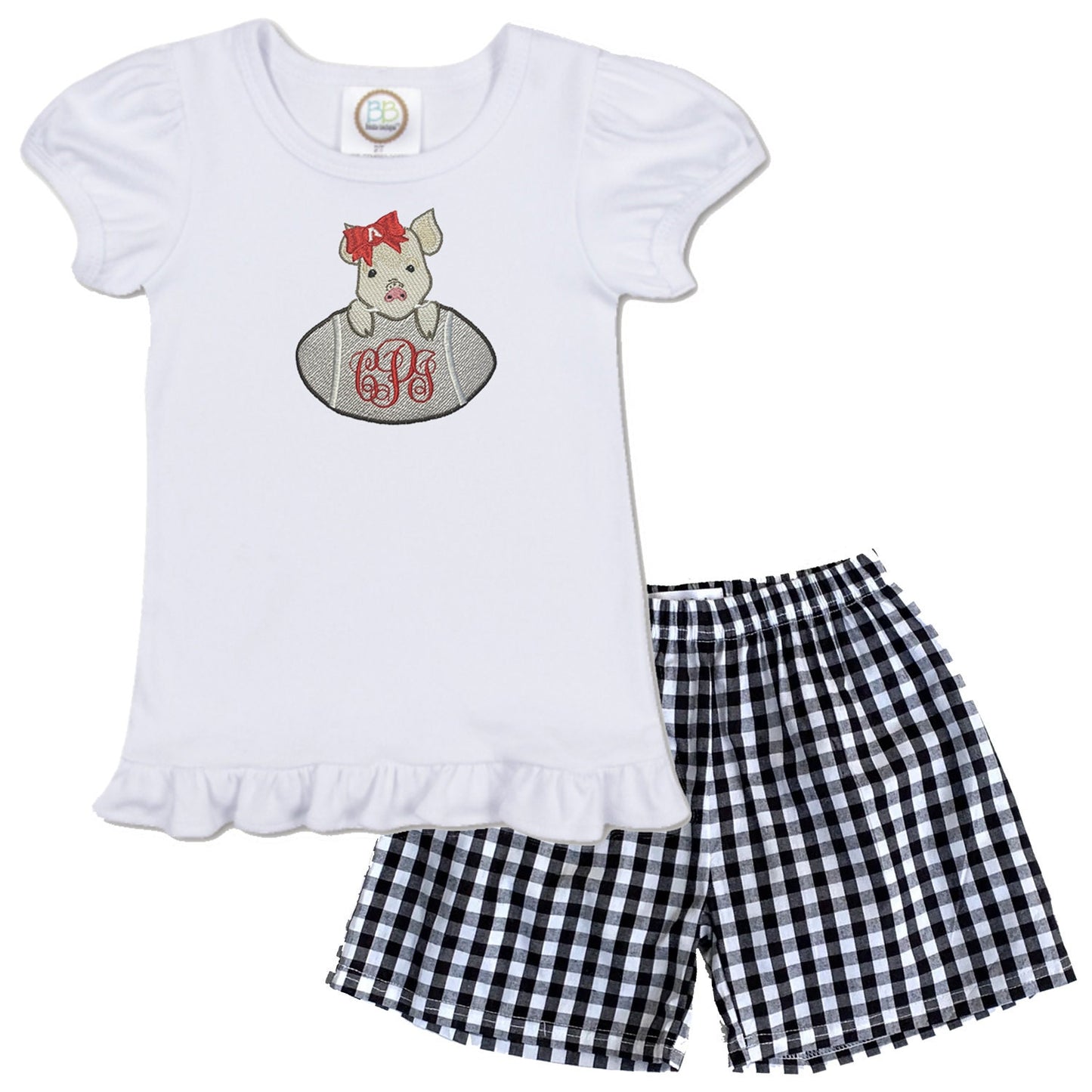 Baby Wild Hog Football embroidered girls' outfit black gingham shorts