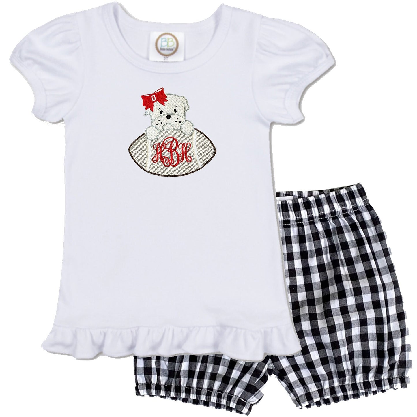 Bulldog embroidered girls' outfit black gingham shorts