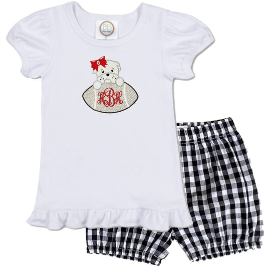 Bulldog embroidered girls' outfit black gingham shorts