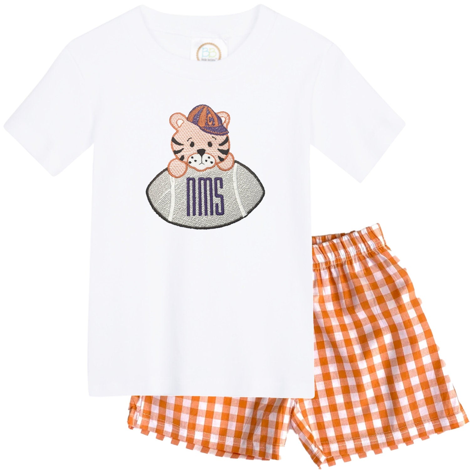 SEC Babies - Clemson University embroidered boys' outfit orange gingham shorts