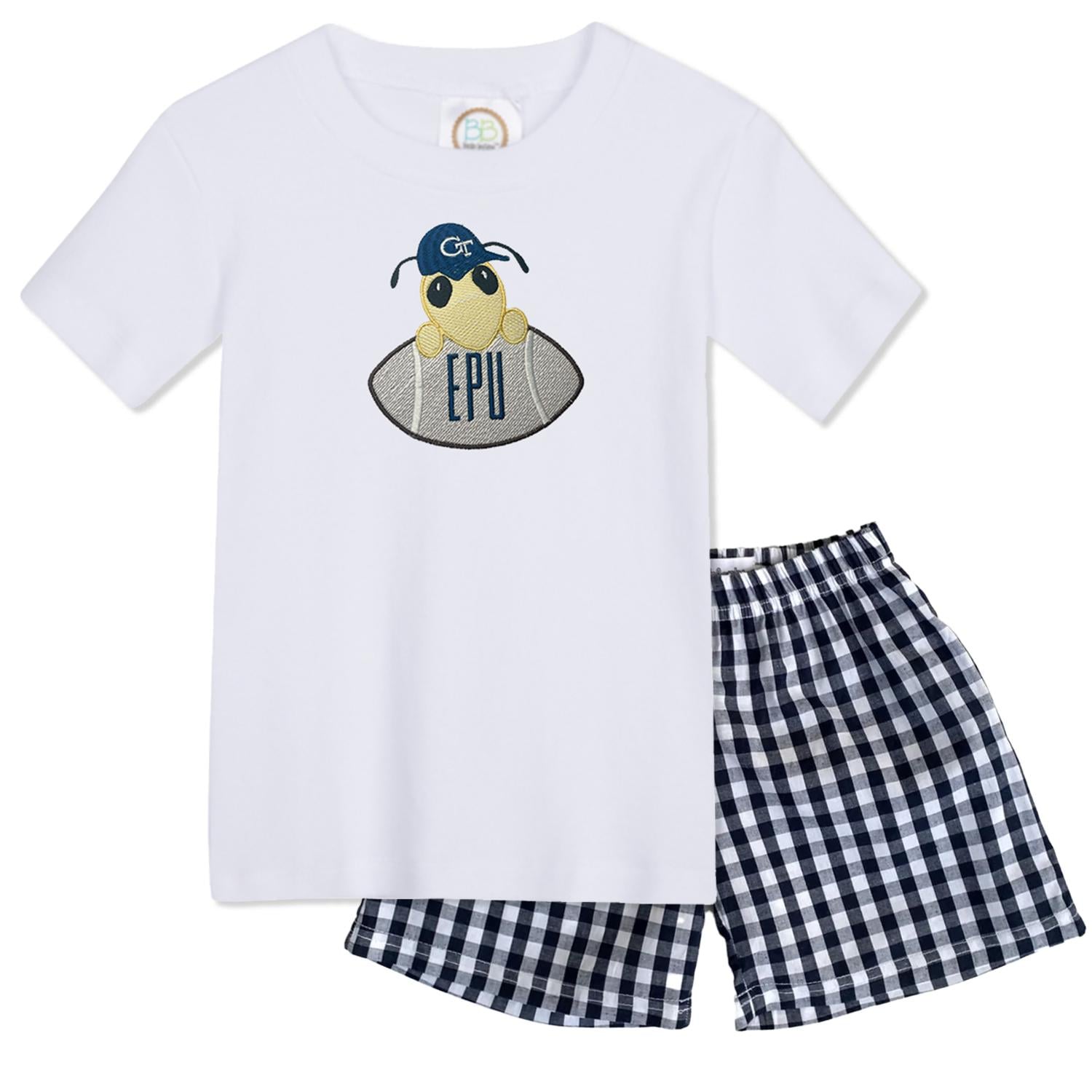 Football Bee embroidered boys' short sleeve navy gingham shorts