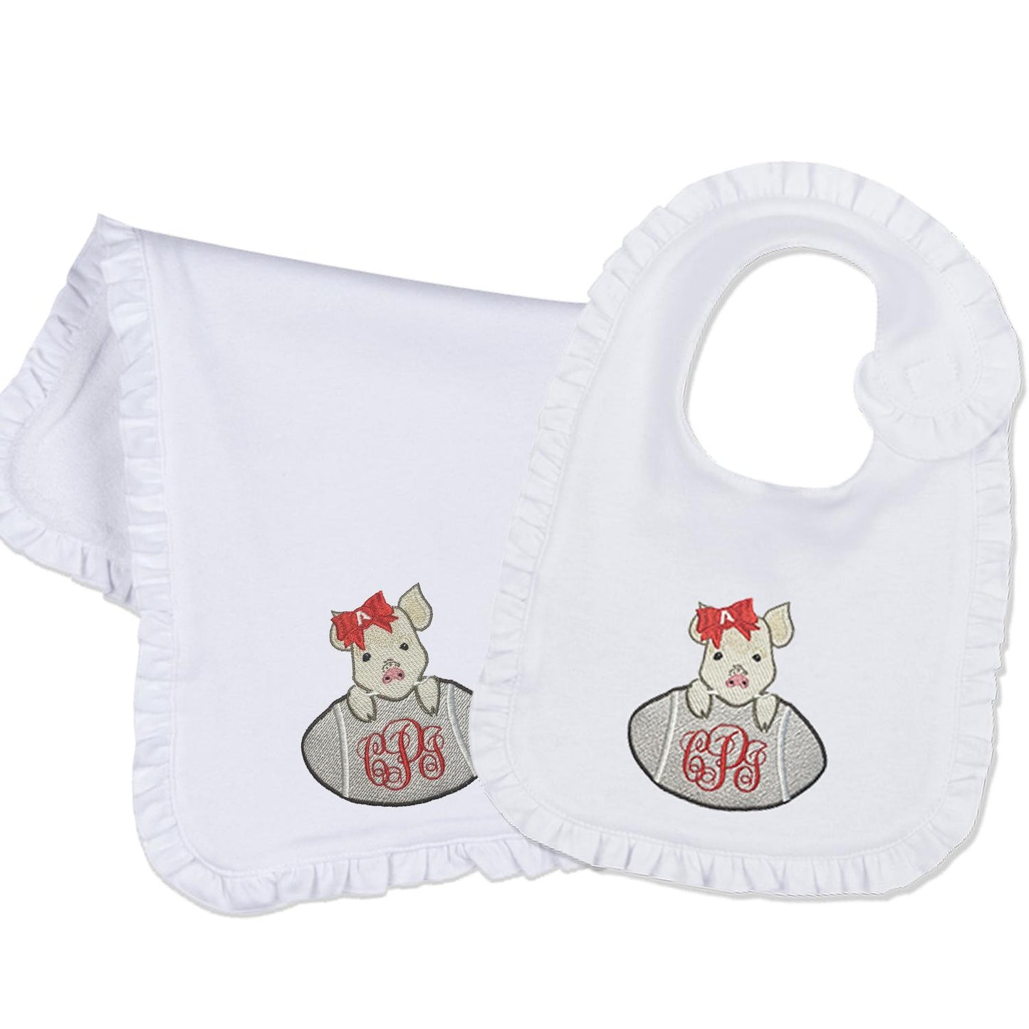 Arkansas baby girl embroidered bib, burpcloth and blanket set - personalized