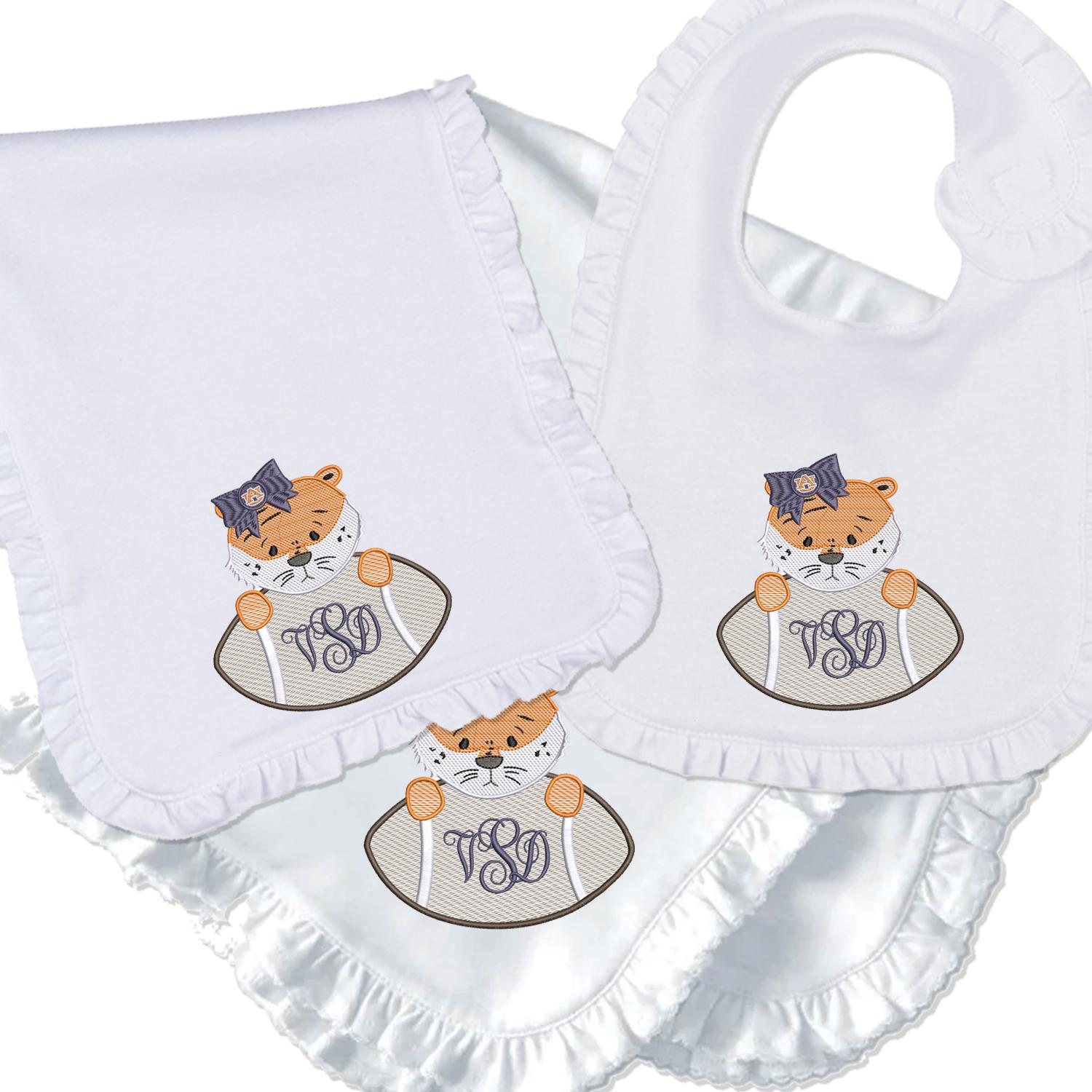 Baby Tiger girl embroidered bib, burpcloth and blanket set - personalized AU