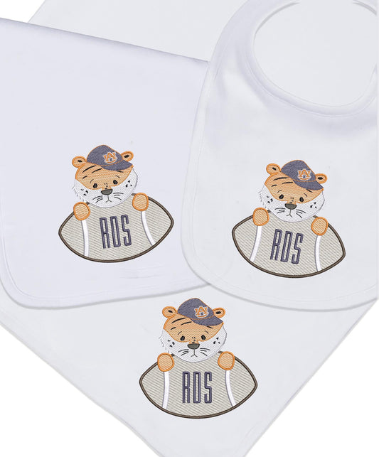 Football Tiger embroidered bib, burpcloth and blanket set - personalized