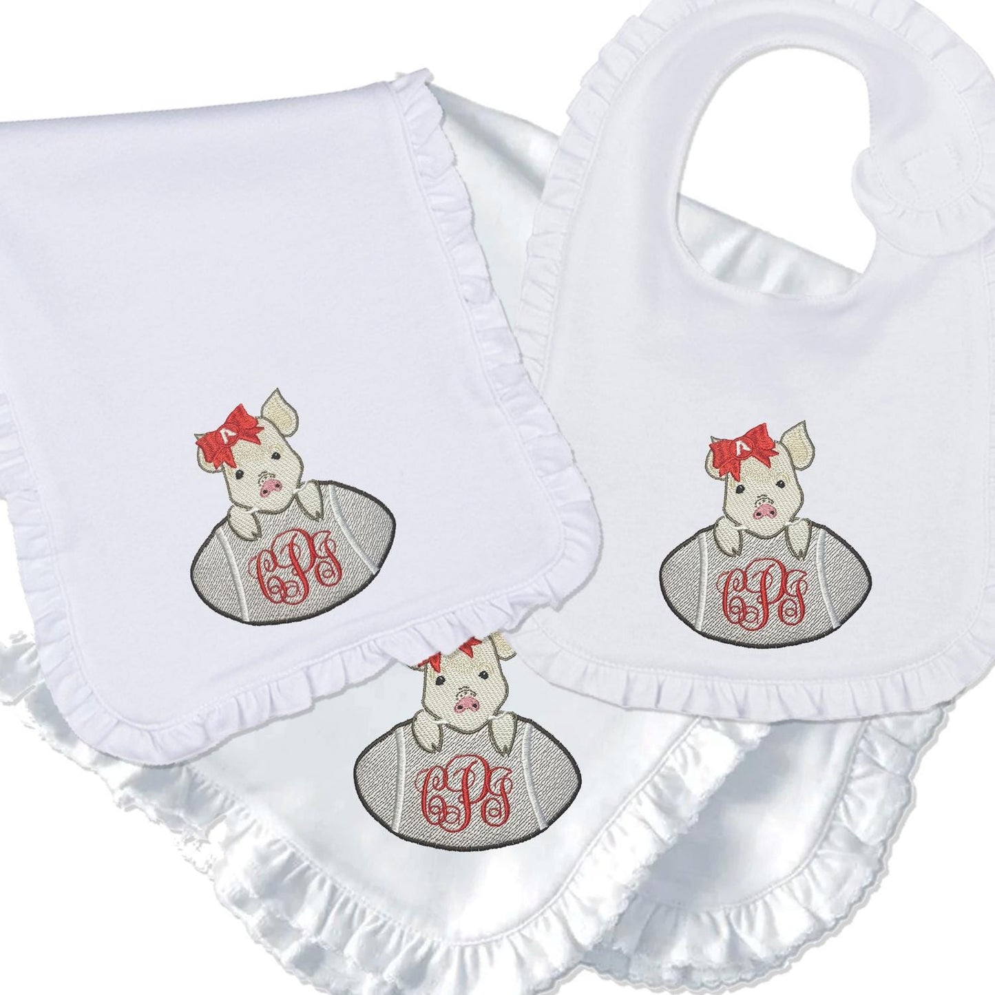 Arkansas baby girl embroidered bib, burpcloth and blanket set - personalized
