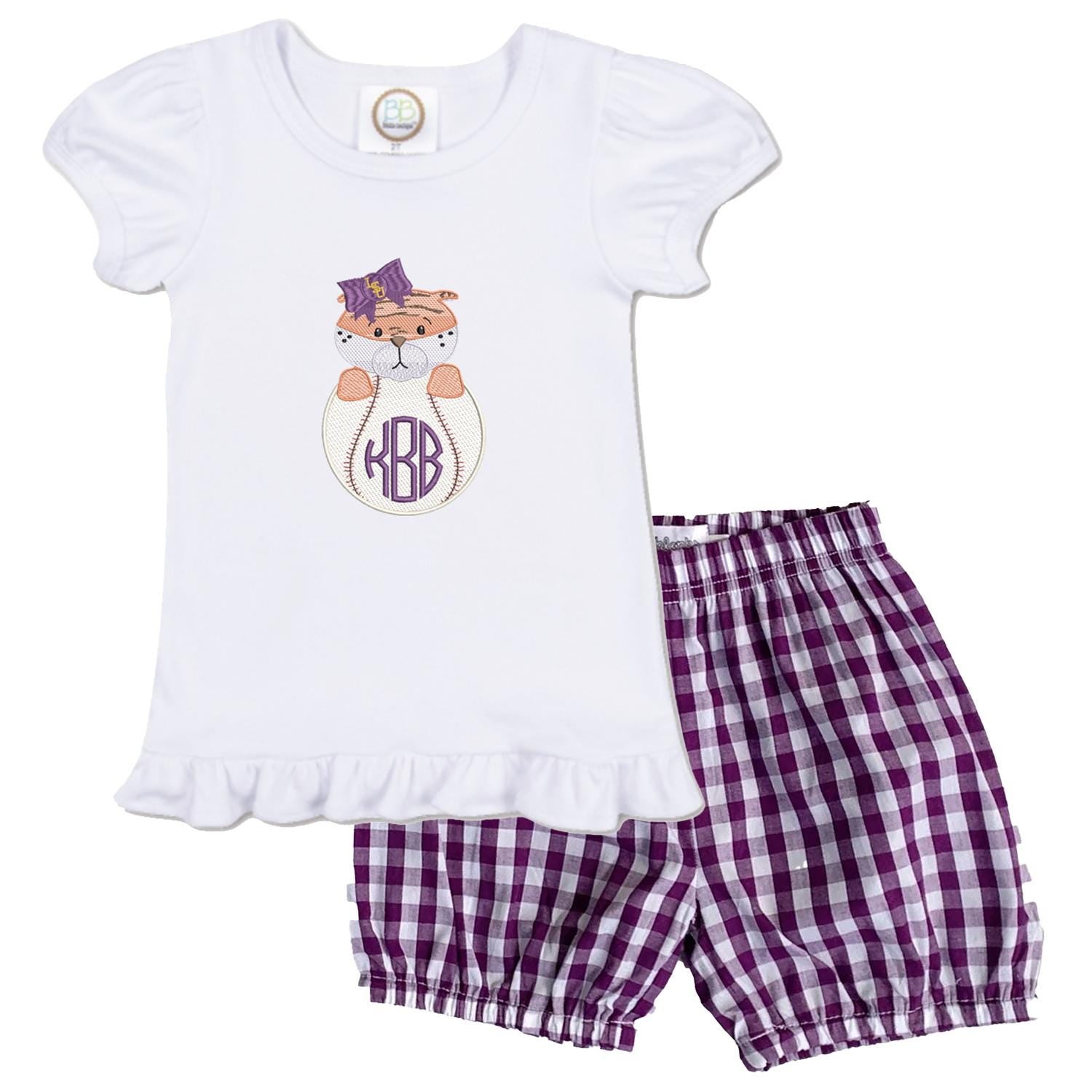 LSU baseball girls' short sleeve outfit with gingham pants