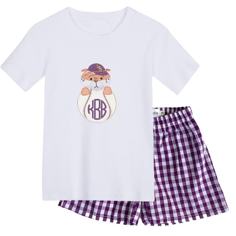 LSU baseball boys' short sleeve outfit with gingham pants