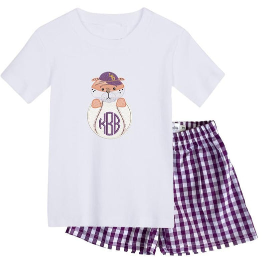 LSU baseball boys' short sleeve outfit with gingham pants