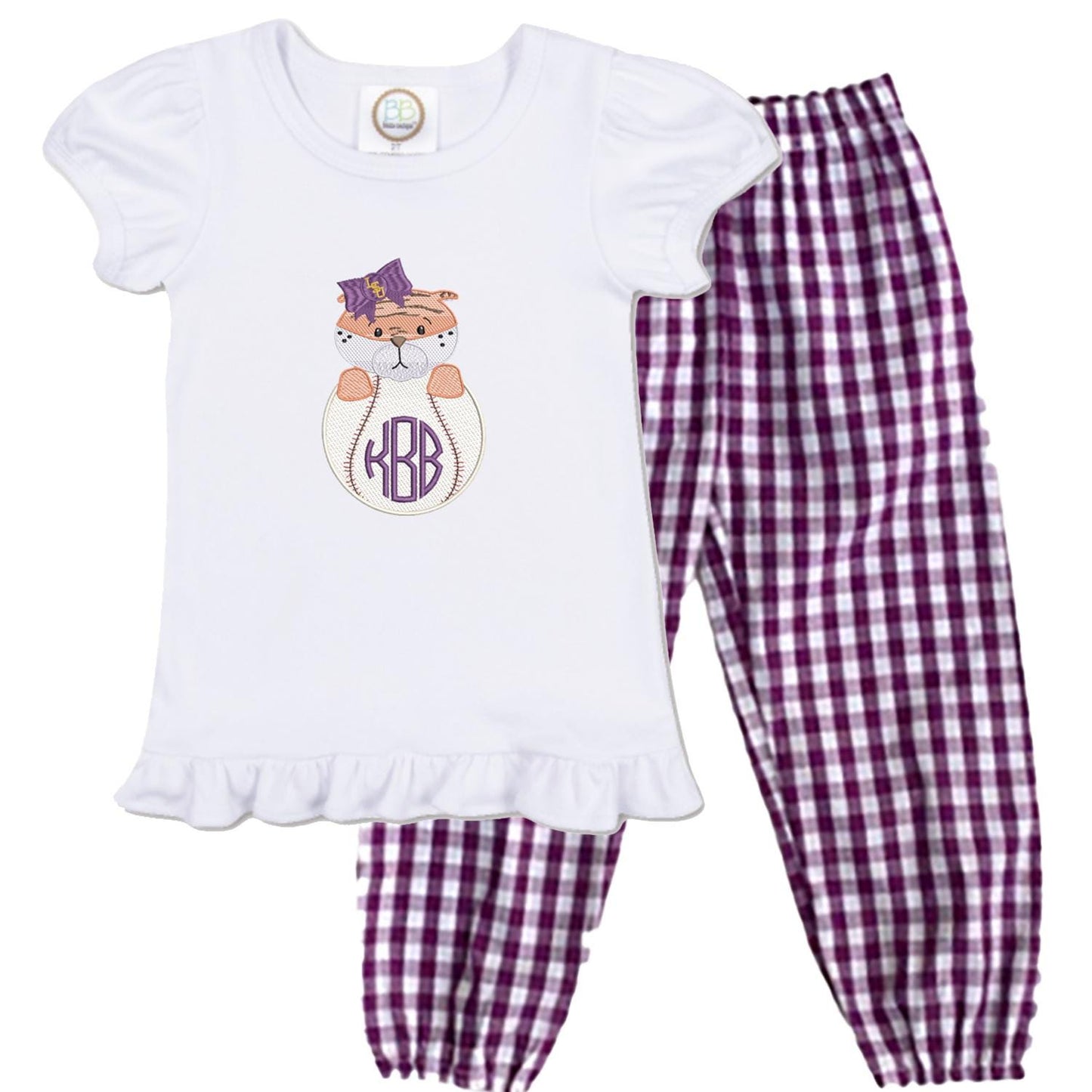 LSU baseball girls' short sleeve outfit with gingham pants