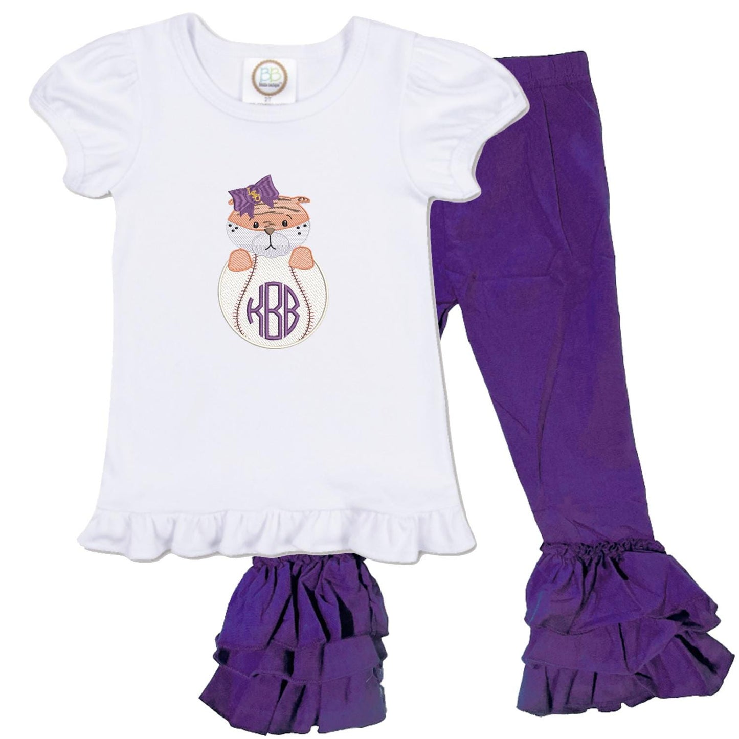 LSU baseball girls' short sleeve outfit with gingham pants