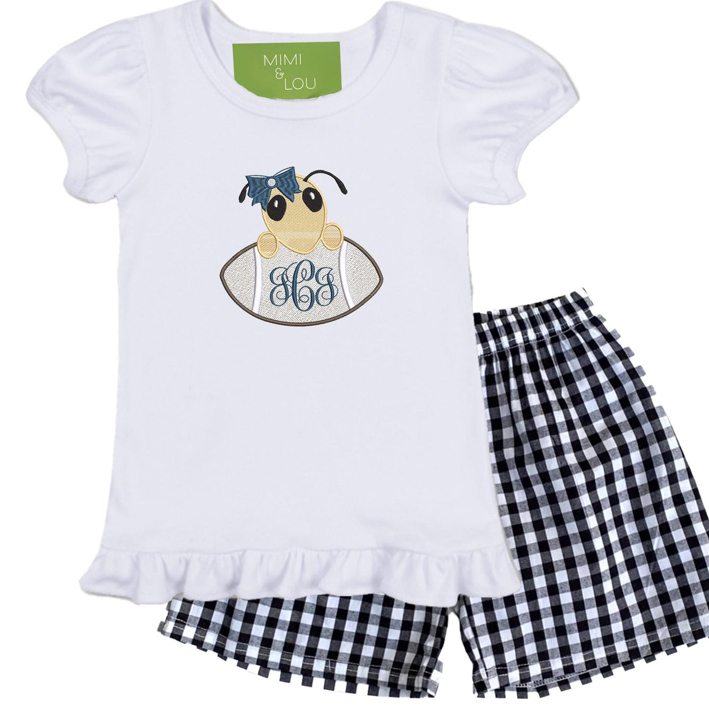 Football Bee embroidered girls' short sleeve navy gingham shorts