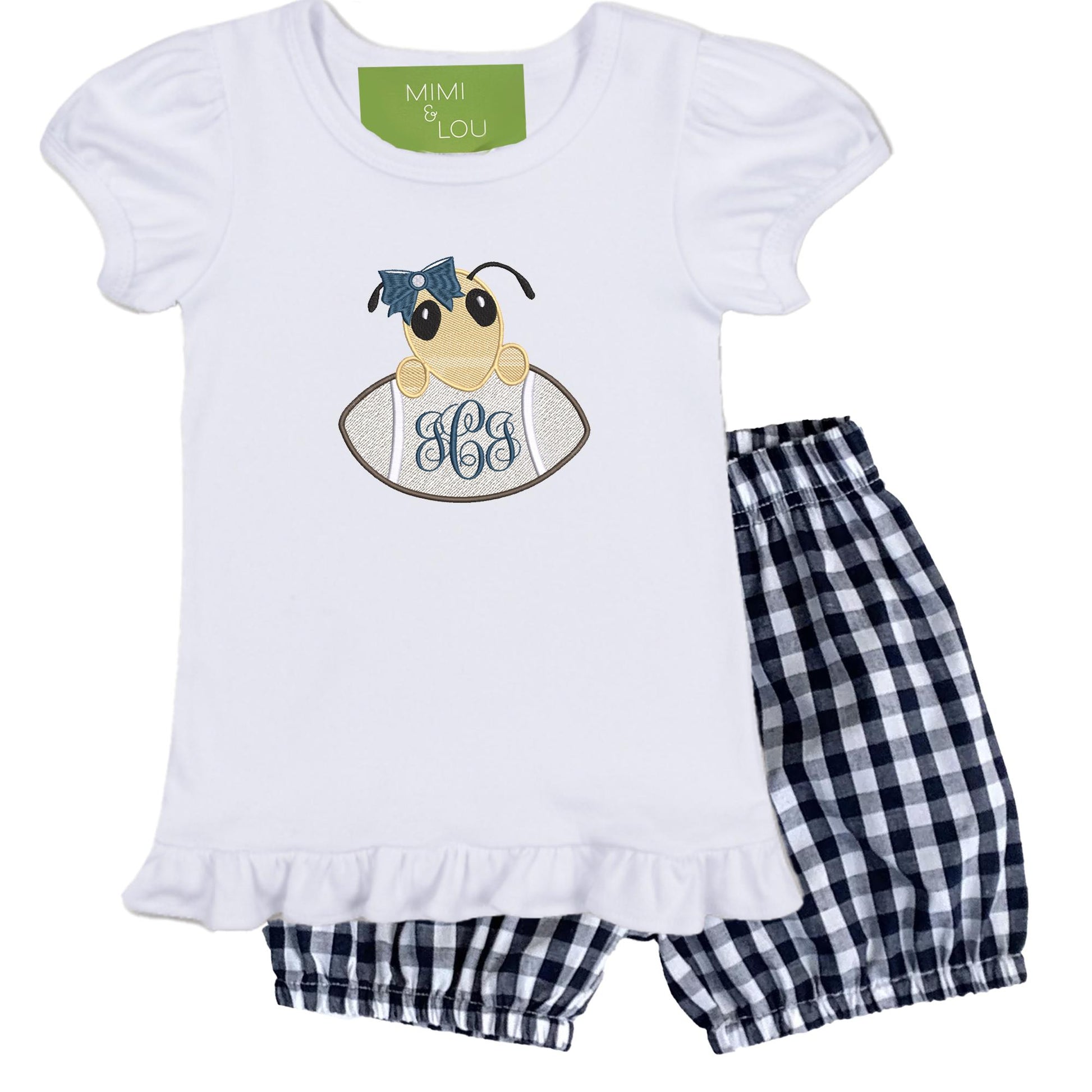 Football Bee embroidered girls' short sleeve navy gingham shorts