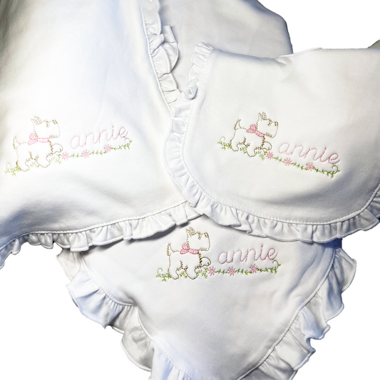 Proud Puppy bib, burpcloth and blanket set - personalized -  Vintage style embroidery